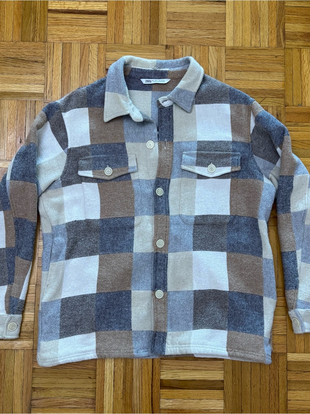 Zara Neutral Plaid Shirt Jacket in Cream/grey Size L